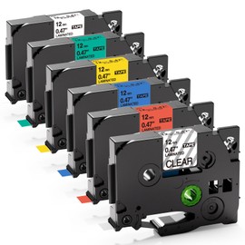 Label Maker Tape Compatible with Brother P Touch TZe TZ 12mm 0.47 Laminated Tape Compatible with Brother P Touch PT-D400 PT-D400AD PT-H110 PT-D600 PT-1230PC,Black on White/Clear/Red/Blue/Yellow/Green