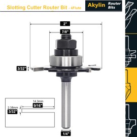 Akylin Slotting Cutter Router Bit, 1/4 Inch Shank, 4 Wing Slot Router Cutter Bit with bearing, 3/32” Height X9/16” Depth, Tungsten Carbide Blades, T-Slotting Cutter for Wood Slotting,Grooves, Rebating