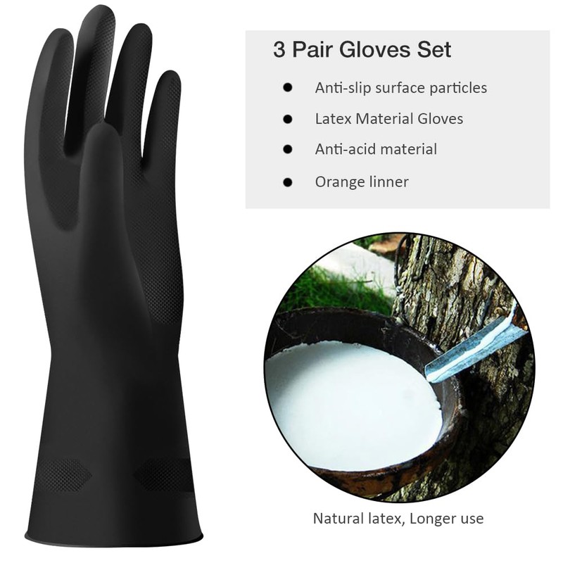 Alimat PluS Latex Gloves 3 Pack, Reusable Black Rubber Gloves