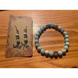 Handmade Shoushan Stretch Bracelet & Earring With Silver Dragonfly Handmade