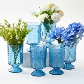 Ninehaoou 6 Pcs (H:7" W:4") Embossed Flower Vase Pedestal Glass Vase Big Base Thickened Crystal Vintage Vases for Valentines Day Wedding Home Decor Table Centerpiece House Warming Gifts(Blue)