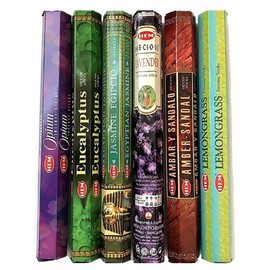 HEM Collection Assorted Incense Sticks Pack of 6 - 120 Sticks, Fragrance - Lemongrass, Lavender, Egyptian Jasmine, Ambar Sandalo, Opium, Eucalyptus (New)