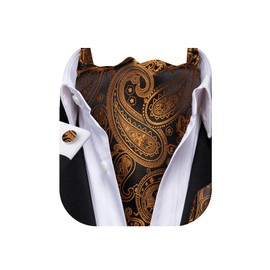 Dubulle Paisley Floral Ascot Tie for Men Self Tie Mens Cravat Tie and Pocket Square Cufflinks Wedding,Black and Gold