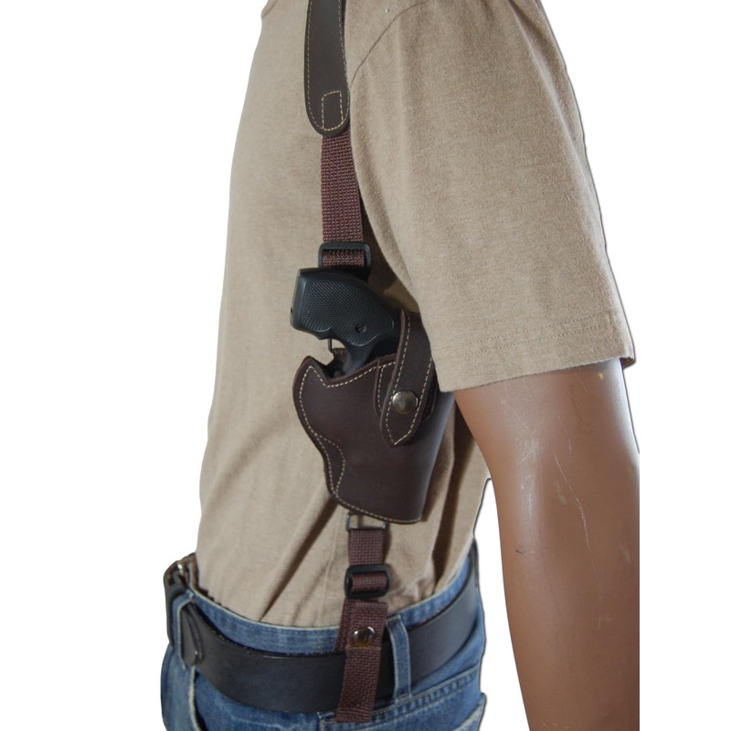 Barsony Brown Leather Vertical Cross Harness Shoulder Holster for Charter