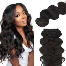 Lashey Body Wave Clip in Hair Extensions for Black Women, 18 Inch 7pcs 120g #1B Natural Black, Clip in Hair Extensions Real Human Hair Lace Clip Ins Thick Human Hair