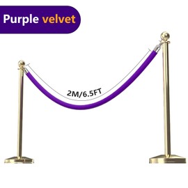 6.5 Feet Purple Velvet Hanging Ropes with Silver Polished Hooks Crowd Control Stanchion Ropes fit for Movie Theaters,Church,Restaurants,Hotels,Grand Openings, Concert venues, Trade Shows (1PCS)