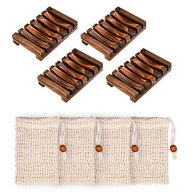 4 Pcs Wooden Soap Holders with 4 Pcs Sisal Soap Pouch, Handmade Soap Dishes for Shower Wood Made of Natural Pine Natural Soap Saver Soap Holders for Bathroom Soap Cases Dishes