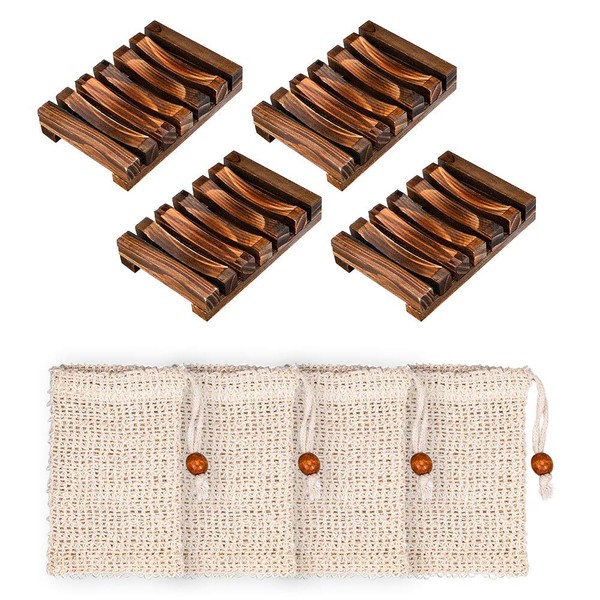 4 Pcs Wooden Soap Holders with 4 Pcs Sisal Soap