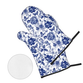 Blue and White Porcelain Floral Butterfly Oven Mitts and Pot Holders Set of 4,Vintage Chinoiserie Heat Resistant Non-Slip Potholders Oven Gloves and Pad for Kitchen Cooking Baking Grilling BBQ