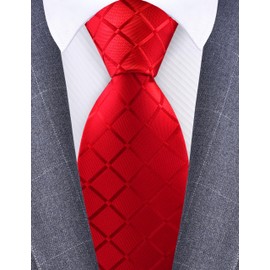 GUSLESON Red Tie for Men Wedding Plaid Checkered Solid Silk Necktie for Business Party (1034-16)