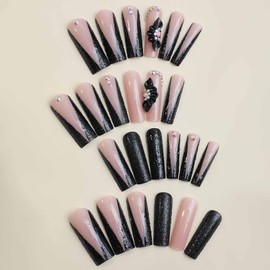 IMSOHOT Press on Nails Long Square Fake Nails Black French False Nail Tips Glossy Acrylic Nails with 3D Flower Charms Designs Full Cover Rhinestones Glitter Glue on Nails for Women 24Pcs