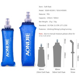 AONIJIE 2 botellas plegables de 250 ml / 500 ml de TPU para deportes al aire libre, botella de hidratación de agua suave para correr, acampar, senderismo, bicicleta (250 ml)