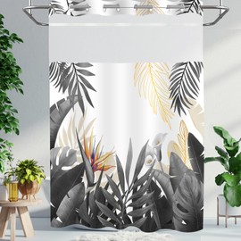 TWLSNCD Extra Long No Hook Tropical Shower Curtain with Snap in Liner Set - Summer Palm Monstera Plant Leaf for Bathroom Decor - Hotel Quality Botanical Ringless Double Layer, Grey 71" x 84"