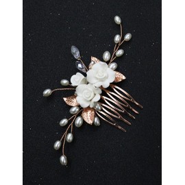 Brihasory Bride Wedding Hair Comb White Flower Pearl and Leaves Bridal Hair Accessories Party Prom Head Pieces Elegant Hair Clips for Women and Girls(Rose Gold)