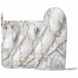Mxocom White Marble Oven Mitt and Pot Holder with Silicone Fashion Marbling Granite Stone Gold Black Gray Heat Resistant Kitchen for Cooking BBQ Baking Grilling Spring/Summer