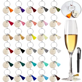 Wine Glass Charms, 30 Pieces Wood Wine Charms for Stem Glasses Wine Glass Identifier Charms with pen Funny Wine Glass Tags for Christmas Thanksgiving Wedding Birthday Wine Tasting Party Favors