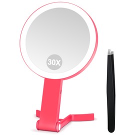 MIYADIVA Magnifying Mirror with Light, Double Sided 30X/1X Lighted Travel Makeup Mirror with Magnification, 3 Color Lighting, Dimmable Touch Screen, Adjustable & Foldable Hand Mirror (Pink)