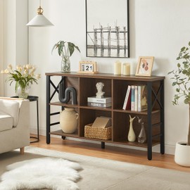 HOMBAZAAR HOMBAZAAR Cube Storage Organizer Shelf, Industrial Horizontal Bookshelf with 6 Cubes, Rustic Low Cubby Bookcase with 3 Shelves, Short Wide Book Case for Office,Living Room,Apartment,Brown