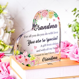 Acrylic Grandma Birthday Gift Floral Themed Heart Shape Birthday Christmas Gifts for Grandma Inspirational Thoughtful Grandma Gifts from Granddaughter Grandson for Home Decorations