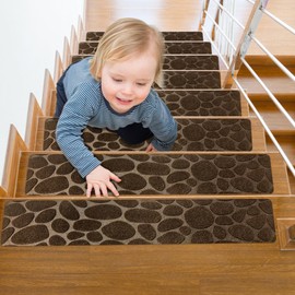 Self Adhesive Residue Free Machine Washable Reusable Stair Treads Non Slip Steps - 100% Polyester Heavyduty TPE Backing Wooden Stair Runner Indoor - 4 Pack 30"X8" Anti Slip Mats - Stone Coffee