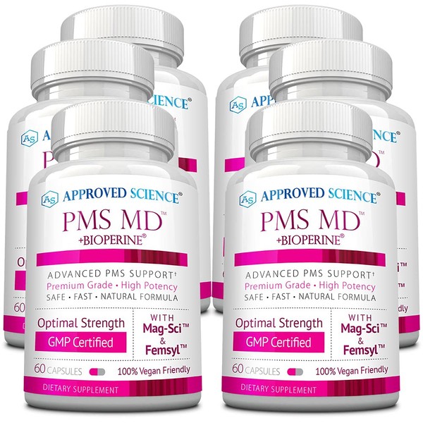 Approved Science PMS MD - Eliminate PMS Symptoms - Calcium, B Vitamins, BioPerine - 360 Capsules - 6 Month Supply - Vegan