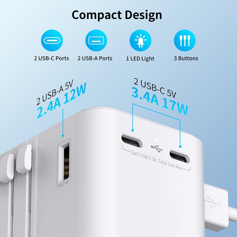 Travel Adapter Worldwide, Universal Travel Plug with 2 USB A