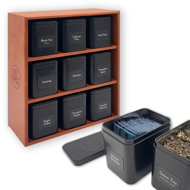 AllSpice Tea Organizer Rack with 9 Tins & 160 Magnetic Labels – Perfect for Bagged & Loose Leaf Tea Organization - Cherry