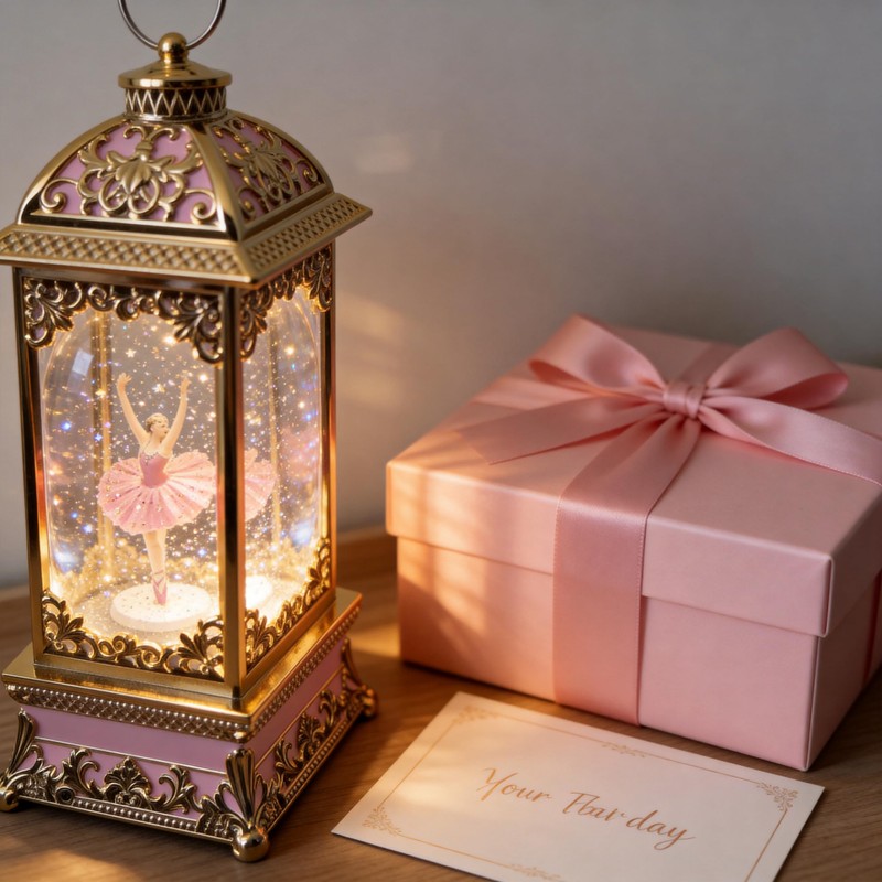 Ballerina Musical Snow Globe Lantern, Gold & Pink Spinning Figurine