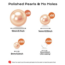250 PCS Champagne Floating Beads No Hole Pearl for Vases, 8/14/18mm Floating Beads for Centerpiece, 2400 PCS Clear Water Gel, DIY Home Birthday Weddings Party Decor