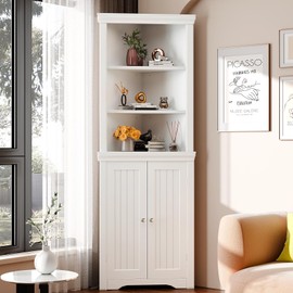 Furmax 62" Corner Cabinet, Bathroom Storage Cabinet with 6 Adjustable Shelves & 2 Doors, Freestanding Corner Shelf for Living Room, Bathroom, Kitchen (White)