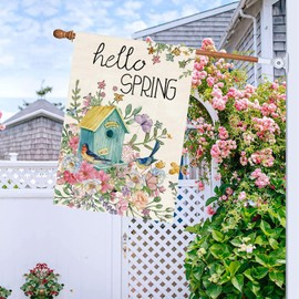 Baccessor Spring House Flag Bird House Flowers Birds Butterfly Floral Hello Spring Flag 28 x 40 Inch Double Sided Burlap Yard Large Spring Flag for Outside Decor