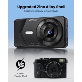 Vitaler Digital Camera, Autofocus 48MP 4K Camera for Photography with 32GB Card, Portable Compact Point and Shoot Digital Camera for Teens Adult Beginner with Metal Shell, 2000 mAh Battery
