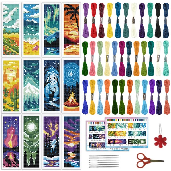 INFUNLY 12pcs Scenery Cross Stitch Bookmark Kit for Beginners DIY