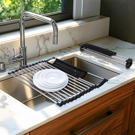 SIGERPAMA Roll Up Dish Drying Rack Over The Sink with 13 Stainless Steel Tubes, Foldable Dish Drying Rack Space Saving for Kitchen Counter 16.93”x 12.99”