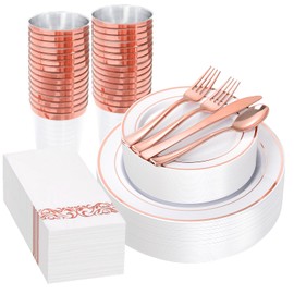 Supernal 200pcs Rose Gold Plastic Dinnerware included Disposable Flatware& Plastic Party Plates Disaposable Cups and Napkins,Perfect for Party,Birthday and Wedding