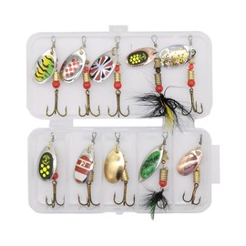 JIPUKE 10Pcs Spinner Bait Set - Multi Colored Fishing Spinners Lures Spoon Baits Fishing Lure with Rotating Spinners and Treble Hooks, for Trout Pike Bass Salmon Freshwater Use with Box