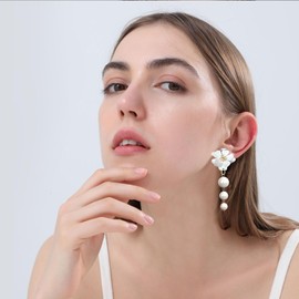 Just Follow Women Long Floral Pearl Tassel Earrings Dangle Drop Faux Pearl Flower Stud Earrings Bridal Party Jewelry, Large, Metal, No Gemstone