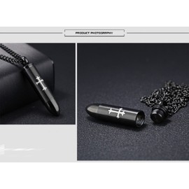 Mens Cross Pendant Religiousl Bullet Urn Ash Memorial Keepsake Necklace Jewelry for Men Women (Black)