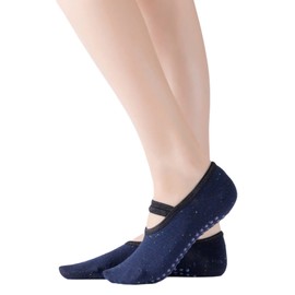 Yoga Pilates Socks with Grips Band for Women Non Slip Cushioned Low Cut Socks for Dance Barre Ballet (Navy Blue)