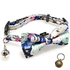 TATOTTE Dog Collar, Small Dog, Rose, Flower Pattern, Ribbon, Cat Puppy, Antique Bell Included, Buckle, Bowtie, Lightweight, Adjustable, 7.9 - 12.6 inches (20 - 32 cm) (Rose Blue)