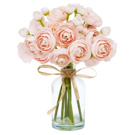 VIKINGS PANDA Ranunculus Artificial Flowers with Vase, 8 Pcs Faux Silk Ranunculus Flower in Vase, Small Flower Arrangements for Home Decor Indoor, Table Centerpiece. (Blush Pink)