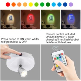 LUXSWAY Battery Operated LED Spotlights Indoor,Accent Lights with Dimmable,12 Color Changing Puck Light with 2 Remote,Closet Light with Rotatable Lighting Head,Stick on Dart Board Lighting