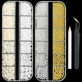 RODAKY 2 Boxes Metal Nail Beads and Flatback Pearls,Metal Silver & Gold Beads Nail Supplies Small Round Caviar Beads Nail Gems,White & Beige Half Pearl for Nail Jewelry DIY Nail Art Décor