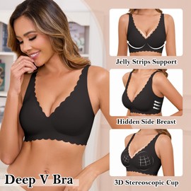 Yusongirl Womens Seamless No Underwire Deep V Push Up Bra Wireless Soft Bra Everyday Scalloped Comfort Bralette Black