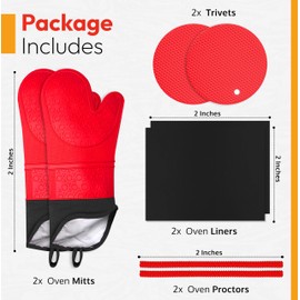 Oven Liners for Bottom of Oven Black (2 Pairs) with Gloves, Rack Shields and Trivets - Range Mat for Bottom (17"x 25"), 22" Red Rack Shields, 1 Pair Red Mitts, 2 Reusable Trivets