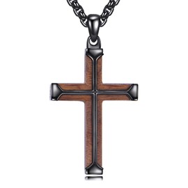 HBLICY Wooden Cross Necklace for Men Sterling Silver Black Cross Pendant Necklace Christian Christmas Jewelry Gifts