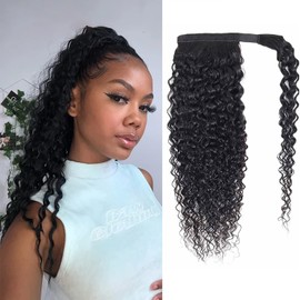 Seelaak Kinky Curly Human Hair Ponytail Extensions with Wrap Around 10A Brazilian Ponytail Human Hair Water Wave Afro Curly Ponytail Clips in Human Hair ExtensionWrap Around Kinky Curly Ponytail Hairpiece, Natural Black Brazilian Hair Ponytail Extension,