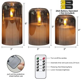 Eldnacele Black Glass Flameless Candles with Remote and Timer, Battery Operated 3D Wick Flickering LED Pillar Candles for Dinner Wedding Holiday Decor (3Pcs, D3×H4/5"/6")