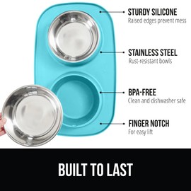 Gorilla Grip 100% Waterproof BPA Free Cat and Dog Bowls Silicone Feeding Mat Set, Stainless Steel Bowl Slip Resistant Raised Edges, Catch Water, Food Mess, No Spills, Pet Accessories, 4 Cup, Turquoise