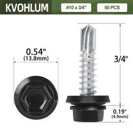#10 x 3/4" (50 PCS) Black Metal Roofing Screws with Rubber Washer, Hex Head Self Tapping Screws for Metal, Self Drilling Sheet Metal Screw